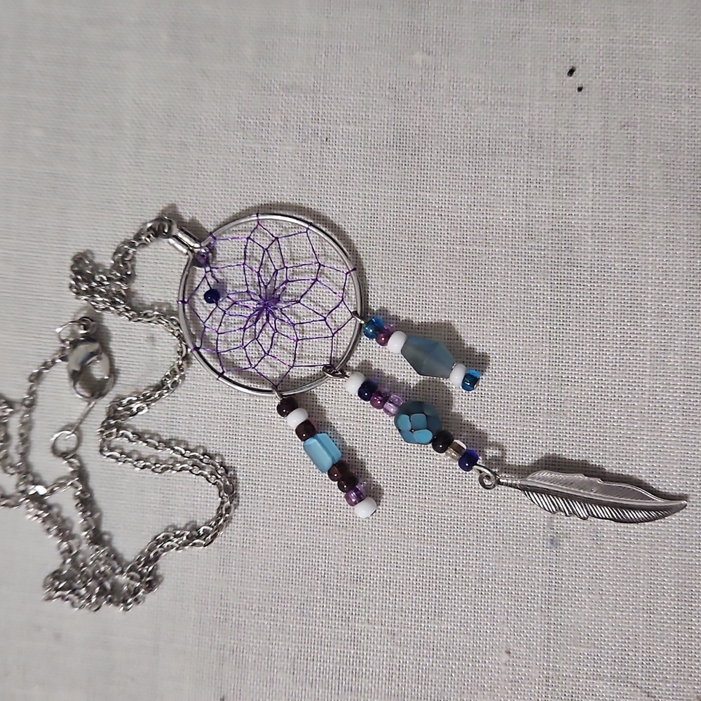 Boho Silver Necklace with Purple and Blue Accents 24 Inch Neckjace